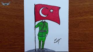 Türk bayrağı taşıyan asker nasıl çizilir  saygı duruşunda duran asker çizimi [upl. by Anilesor]