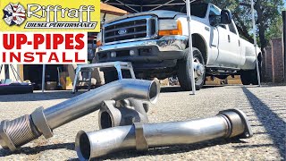 2001 F350 73  RiffRaff UpPipes Install  Stock up pipes leaking and falling apart JUNK SP [upl. by Arratahs]